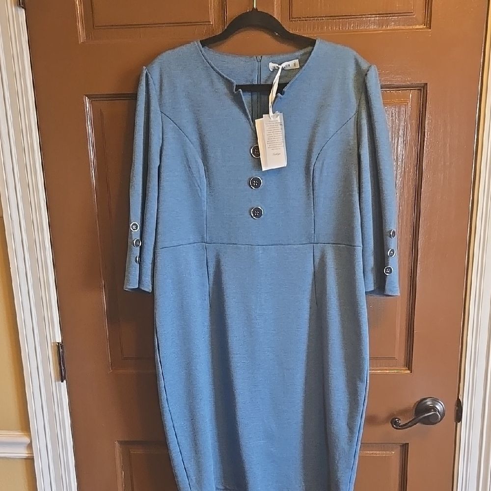 Grace Karin-Blue straight 3/4 sleeved  dress with V neck & buttons  Sz 2XL NWT